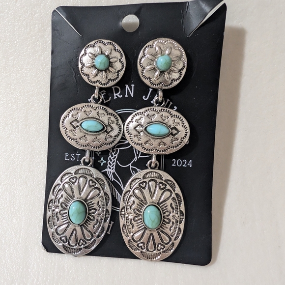 Boho Silver and Turquoise Dangle Earrings - Picture 2 of 5